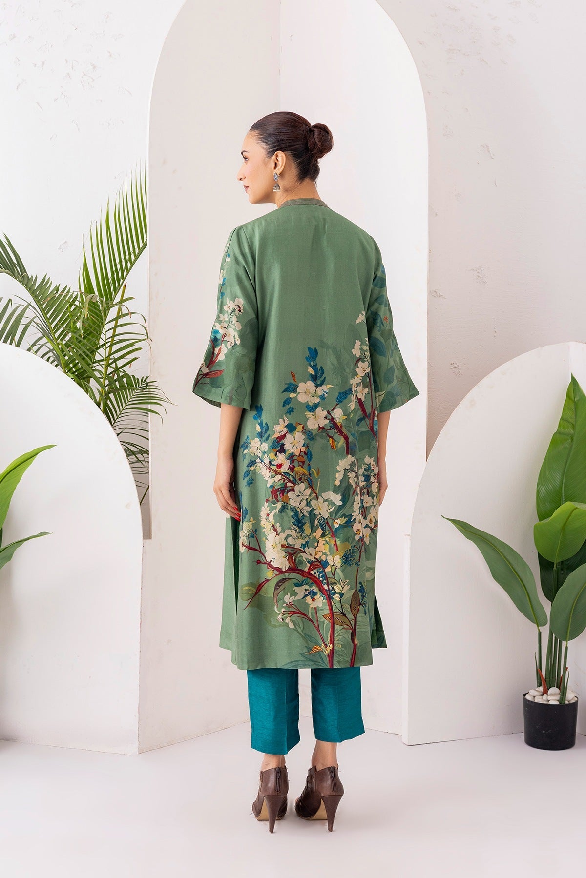 Sage Green Silk Chanderi Printed Front Pleat Tunic Set (2 PCS)