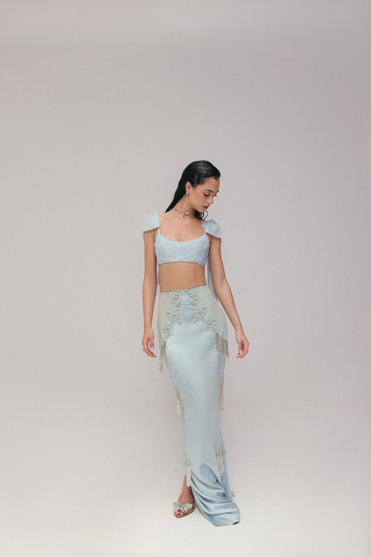 Bugle Bead & Crystal Embroidery, Silk Satin & Lace, Skirt Set, Crop Silhouette
