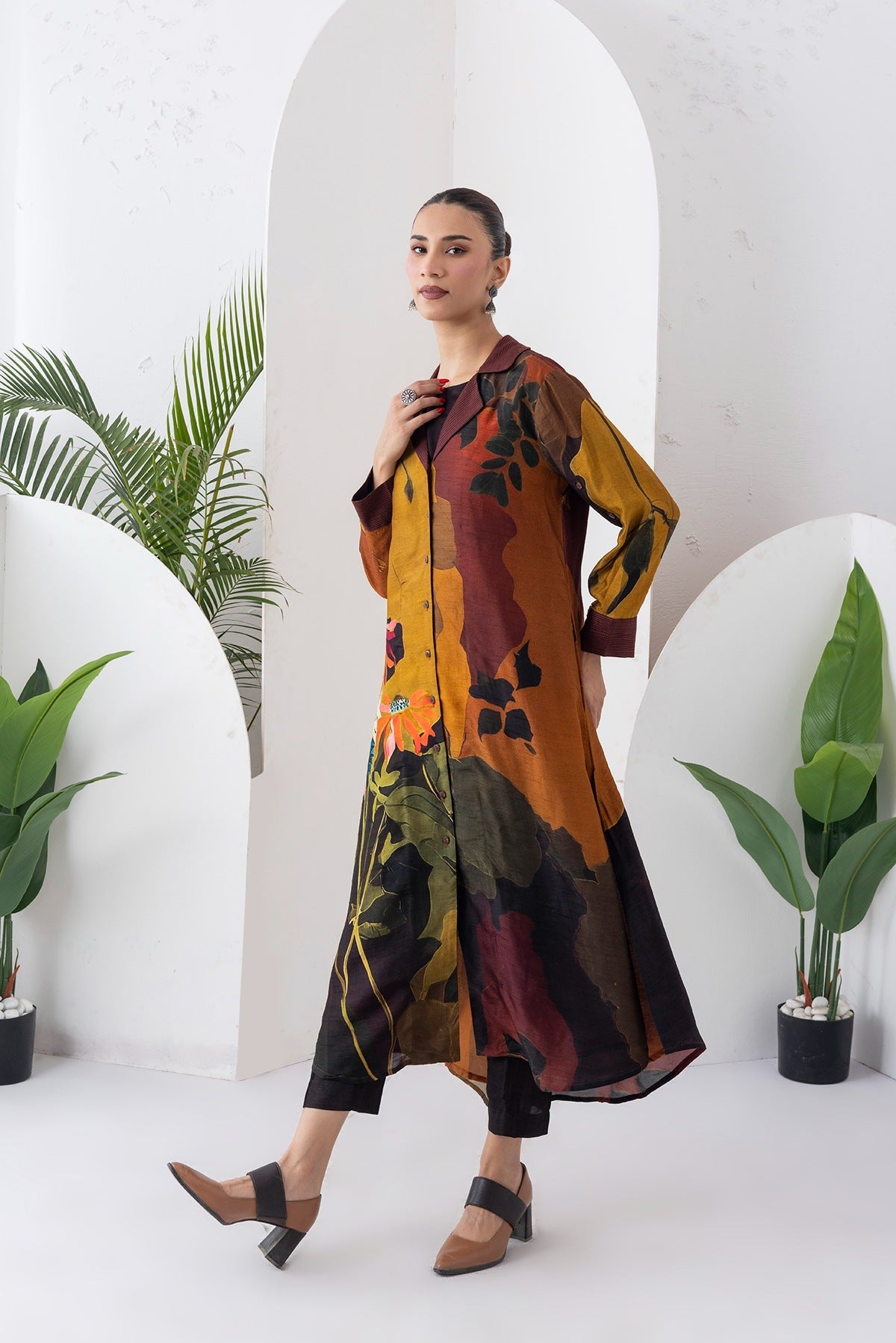 Mustard & Brown Viscose Dupion Printed Front Open Dress Set (3 PCS)