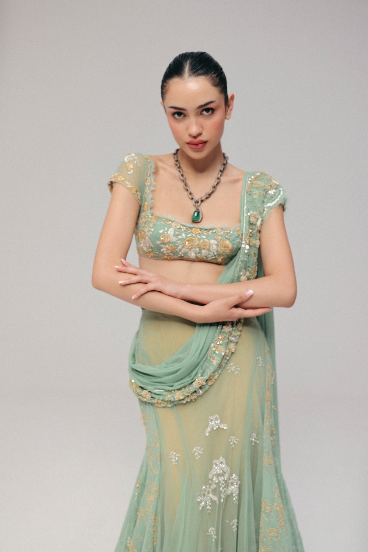 Zardosi & Crystal Embroidery, Soft Tulle & Pure Georgette with Lace, Pre-Stitched Saree Set, Blouse Silhouette