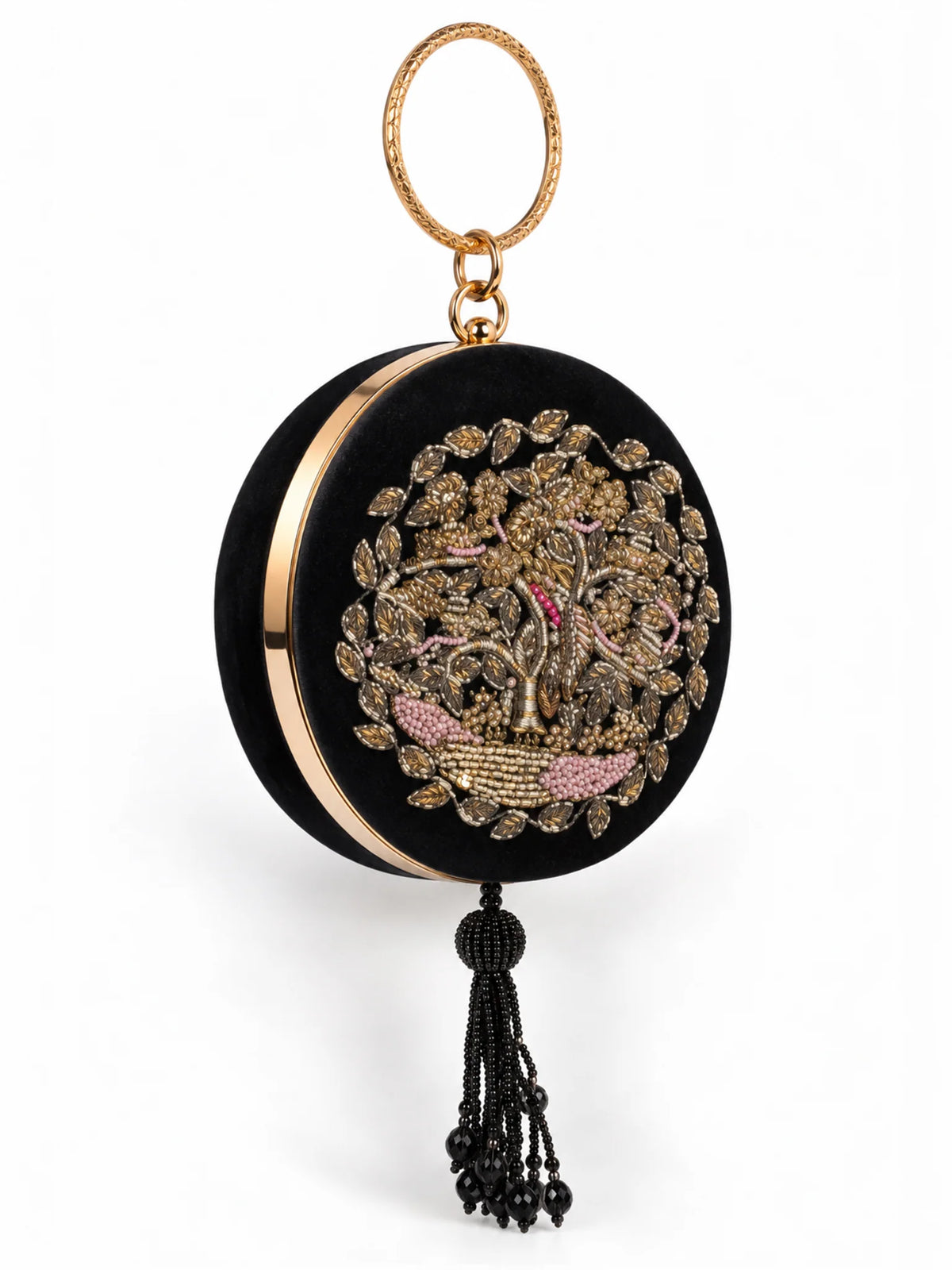 Black Velvet Tree of life Zardozi Embroidered Round Clutch Bag with Beaded Tassel