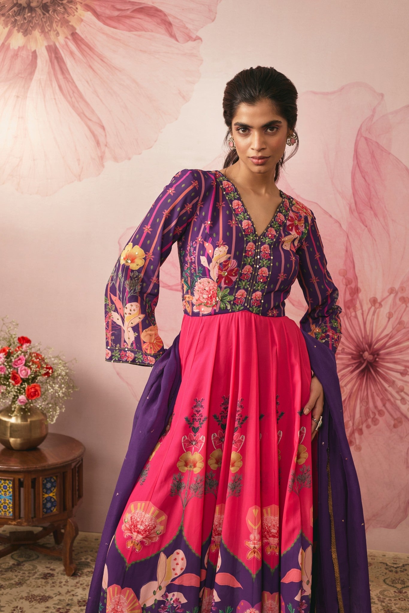 VIOLET FLORAL PRINTED COLOR BLOCK GOWN SET