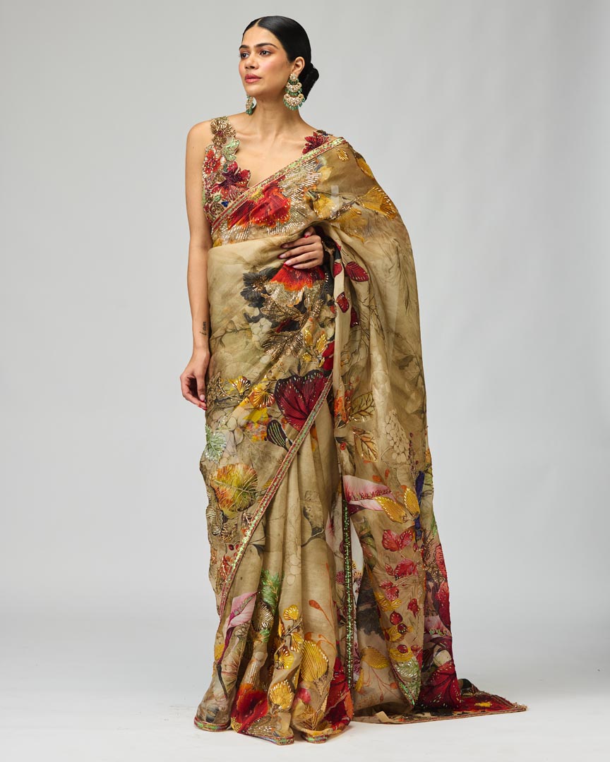 Beige Flower Motif Silk Organza Saree Set for Weddings