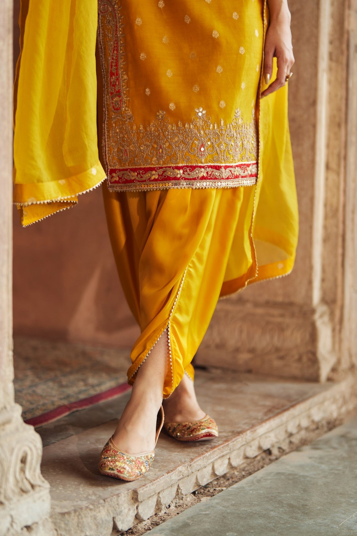 Mustard Silk Chanderi Short Kurta with Dhoti Salwar Set
