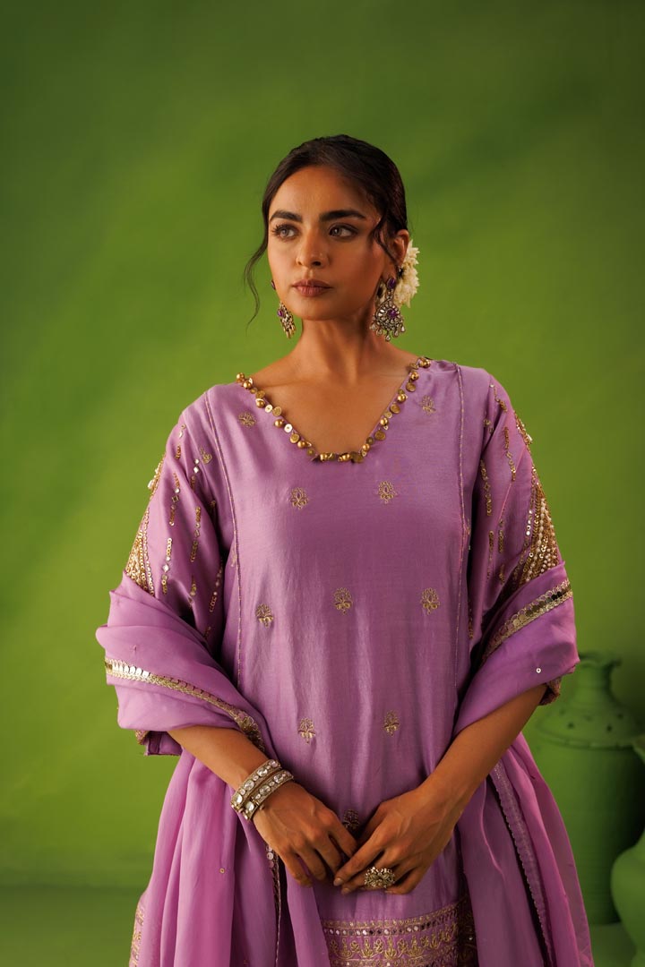Purple A- line mirror work farshi salwar  set