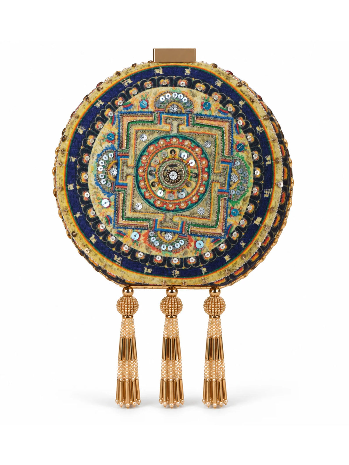 Blue Mandala Printed Embroidered Round Clutch Bag with Gold Tassels