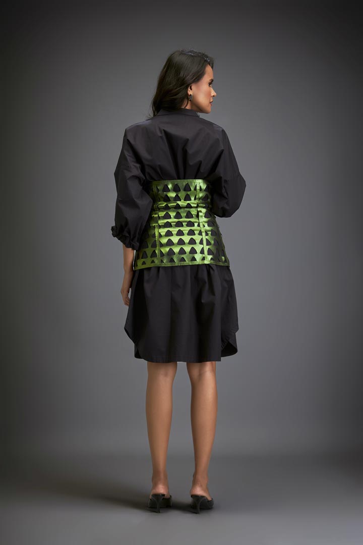 Shirtdress With Metallic Corset And Geometric Cutout Detailing