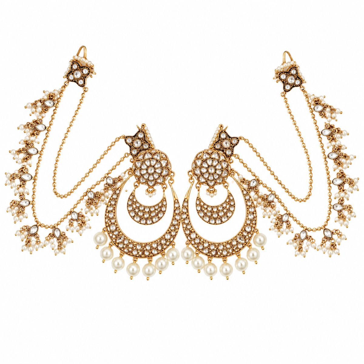 Kundan Pearl Chandbali Earrings with Ear Chains