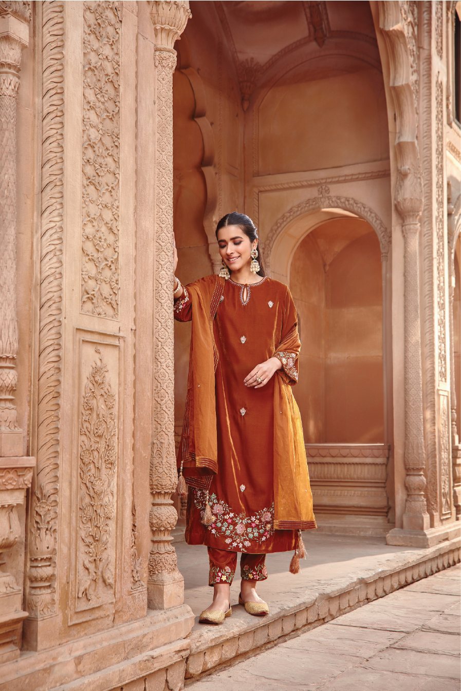 Malika Honey Gold Embroidered Cotton Silk Kurta Set with Organza