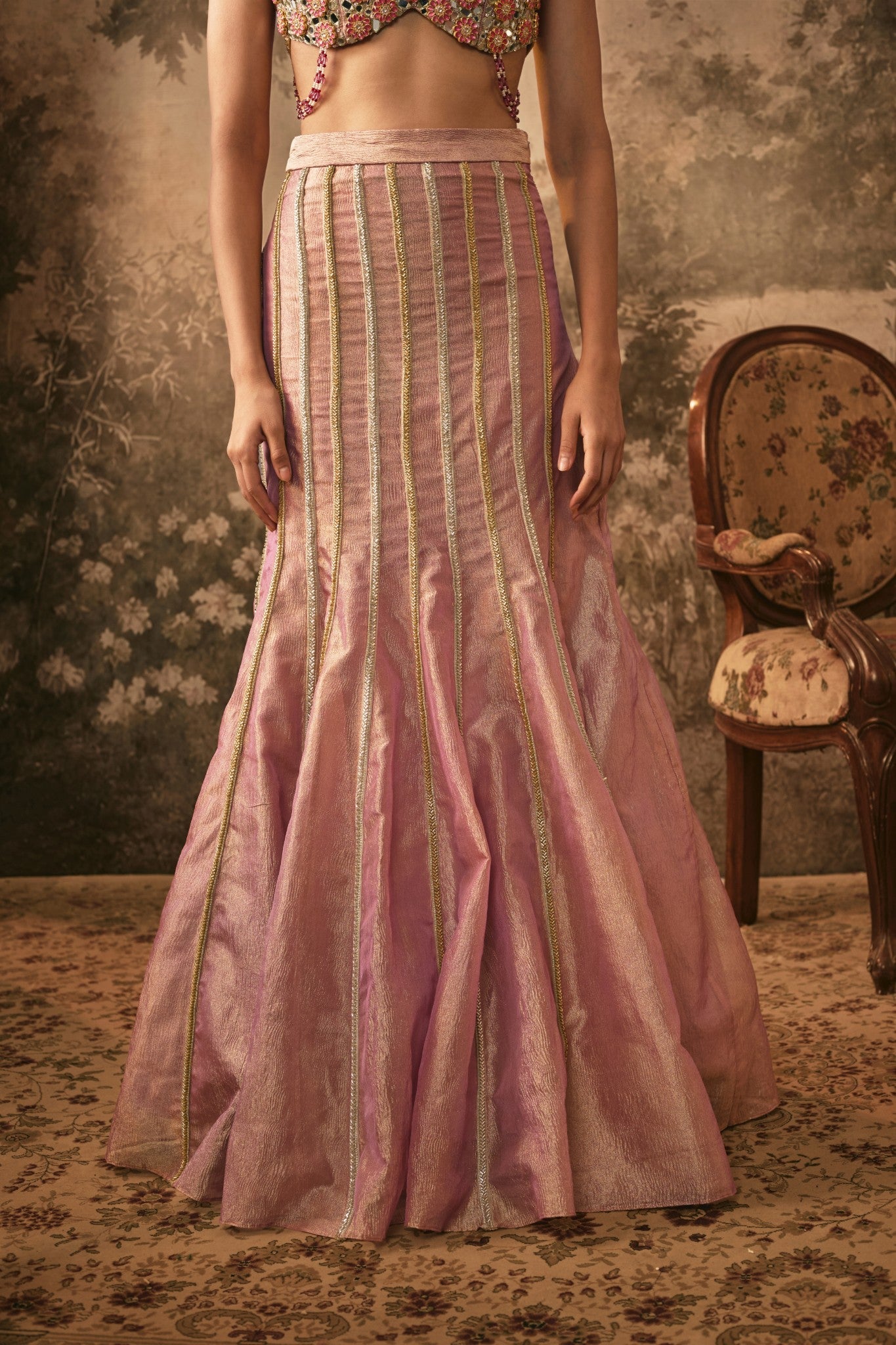 Dusty Rose Metallic Tissue Lehenga Set