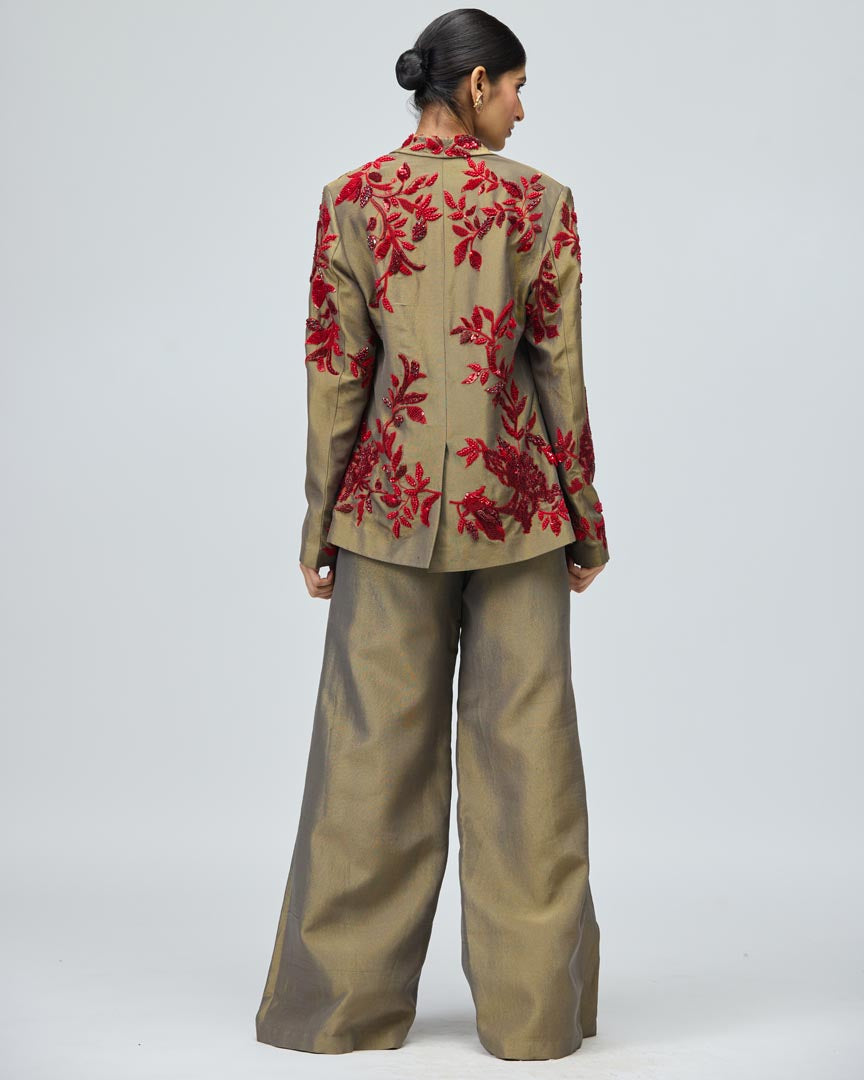 Red Stone Embellished Viscose Satin Jacket Set for Festive Glam
