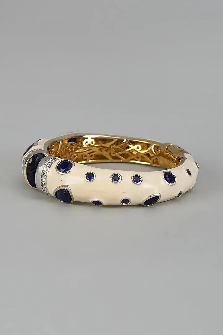 White Enamel  Blue Onex Stone Open Cuff Kada