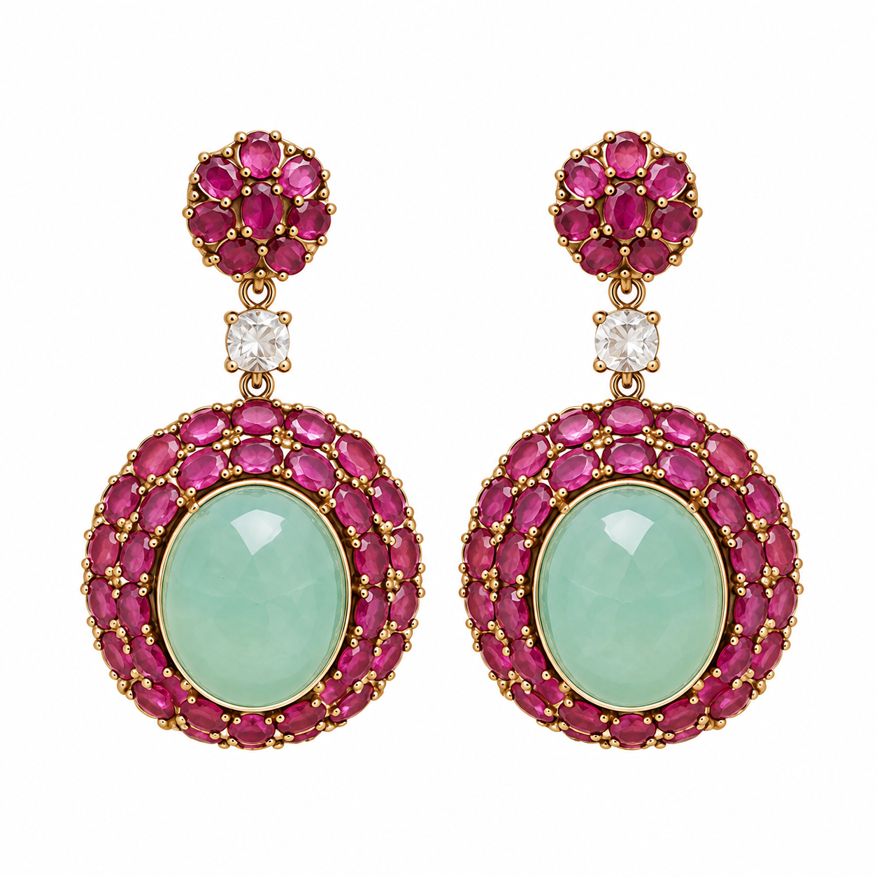 Pink Green Stone Gold-Tone Drop Earrings