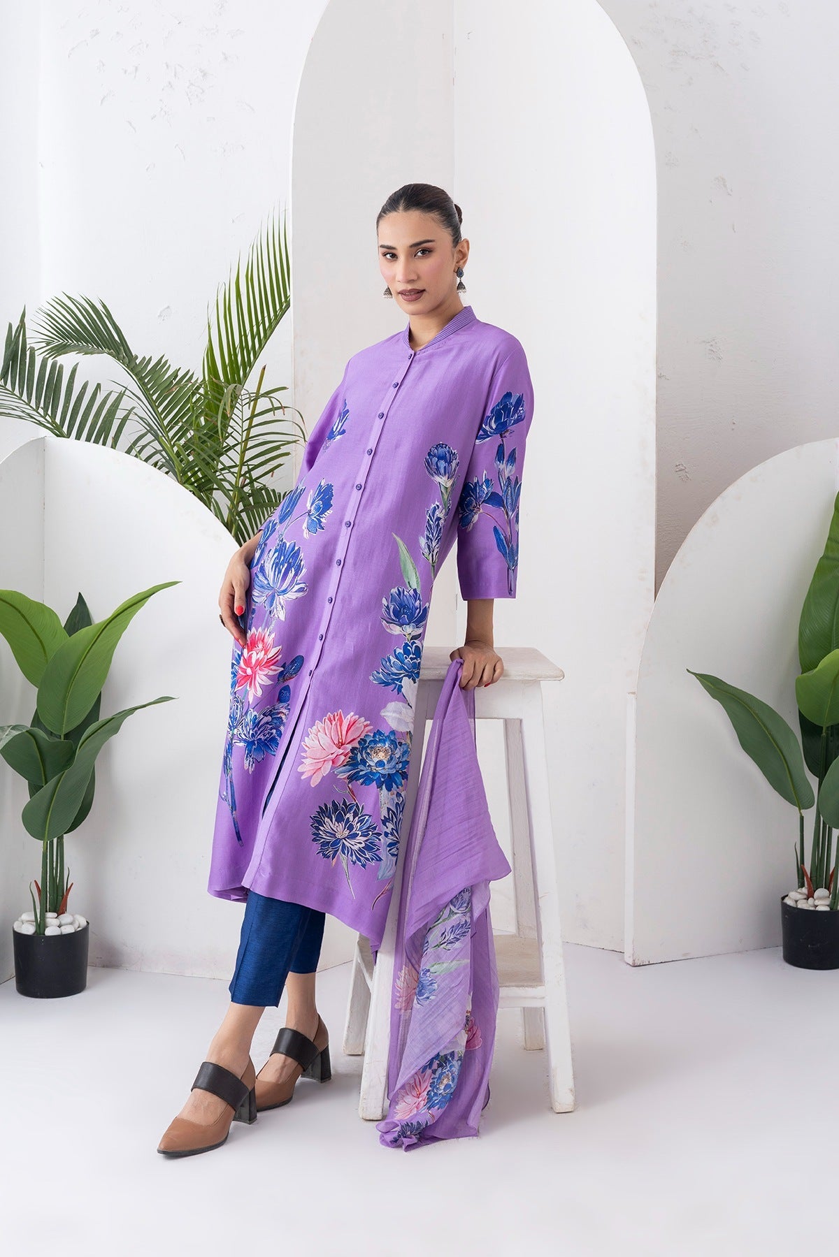 Lavender Silk Chanderi Front Open Printed Dress Set (3 PCS)