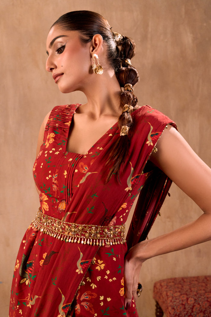 RED PRINT EMBROIDERED PEPLUM TOP, DRAPED PANTS, DRAPE AND BELT SET - image 3