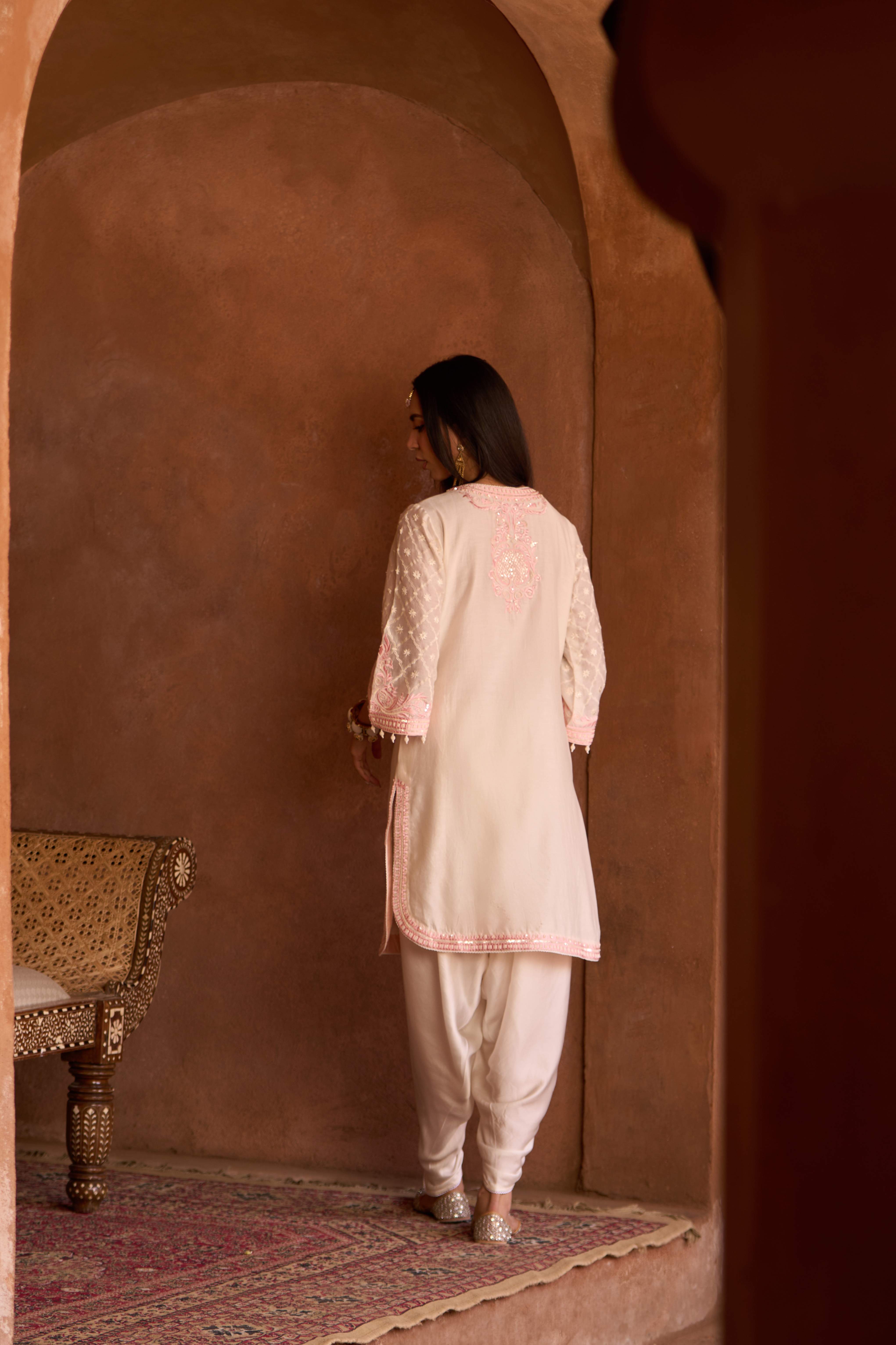 RUHI - DAISY IVORY WITH PINK SHORT KURTA AND DHOTI