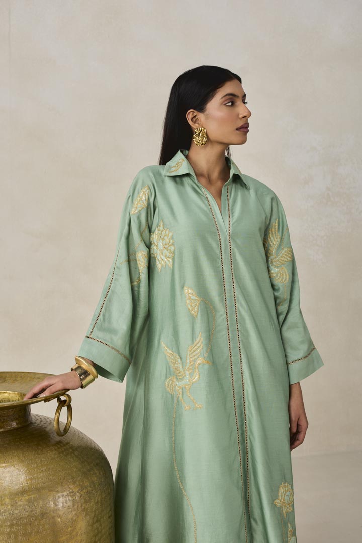 Sage Green Chanderi Shirt Kurta Salwar Set for Festive Wear