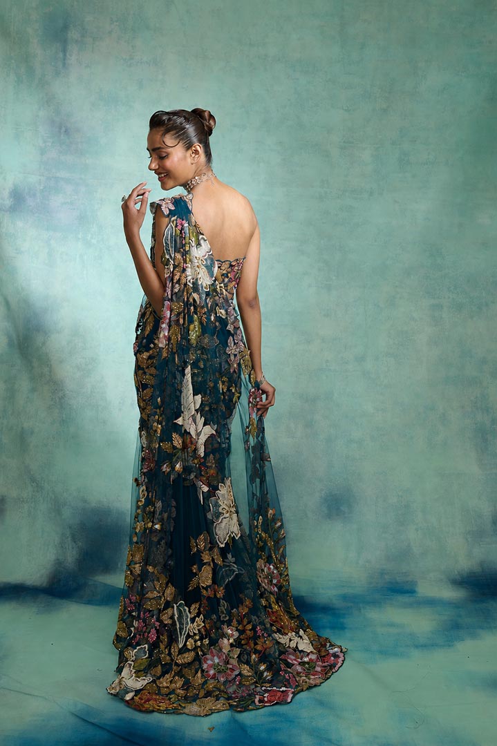 ETHEREAL BLOOM NAVY BLUE TRAIL SAREE