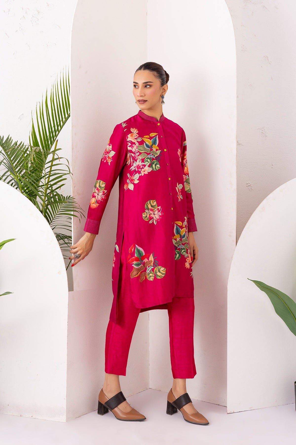 Hot Pink Silk Chanderi Printed Shirt Style Tunic Set (2 PCS)