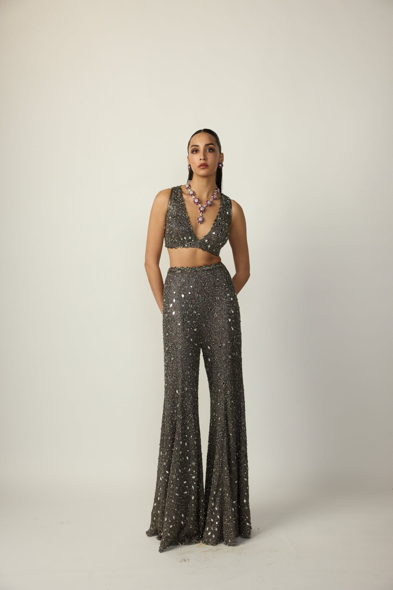 Metallic Grey Blouse Sharara Pant Set