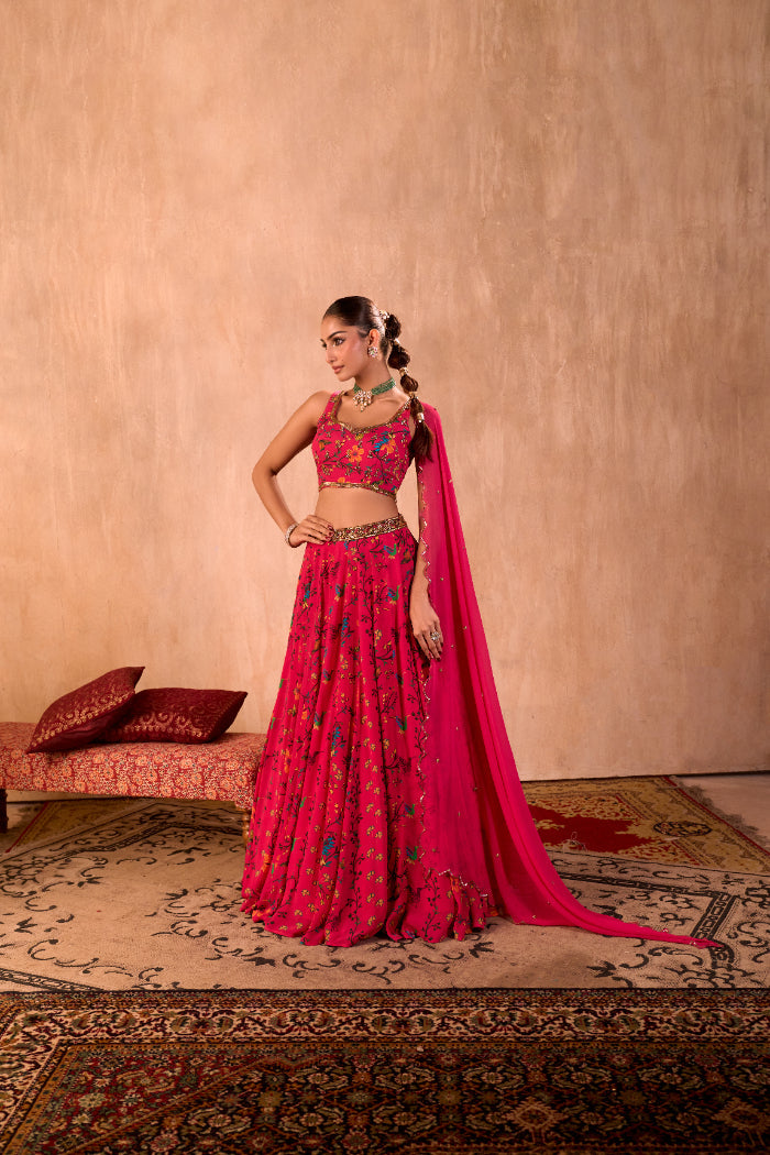 PINK PRINT EMBROIDERED CHOLI, LEHENGA AND DUPATTA SET - image 3