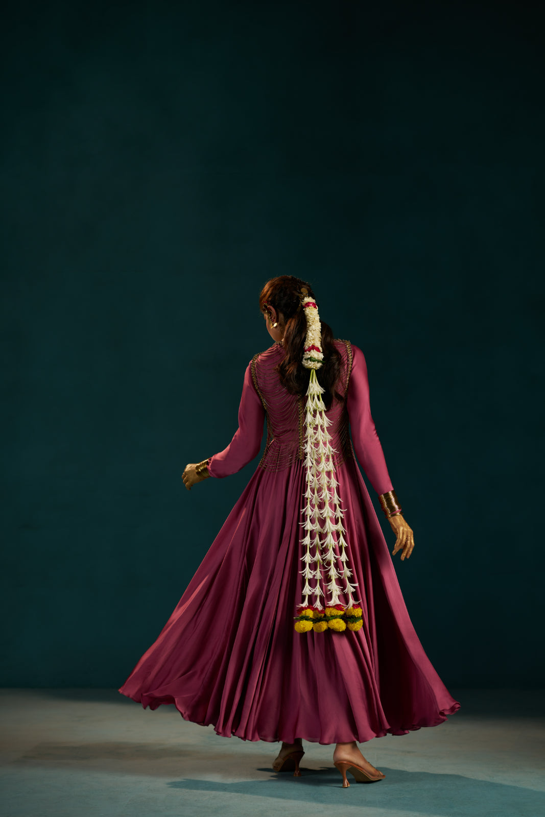 Onion Pink Organza Satin Anarkali with Metal Chain Jacket.