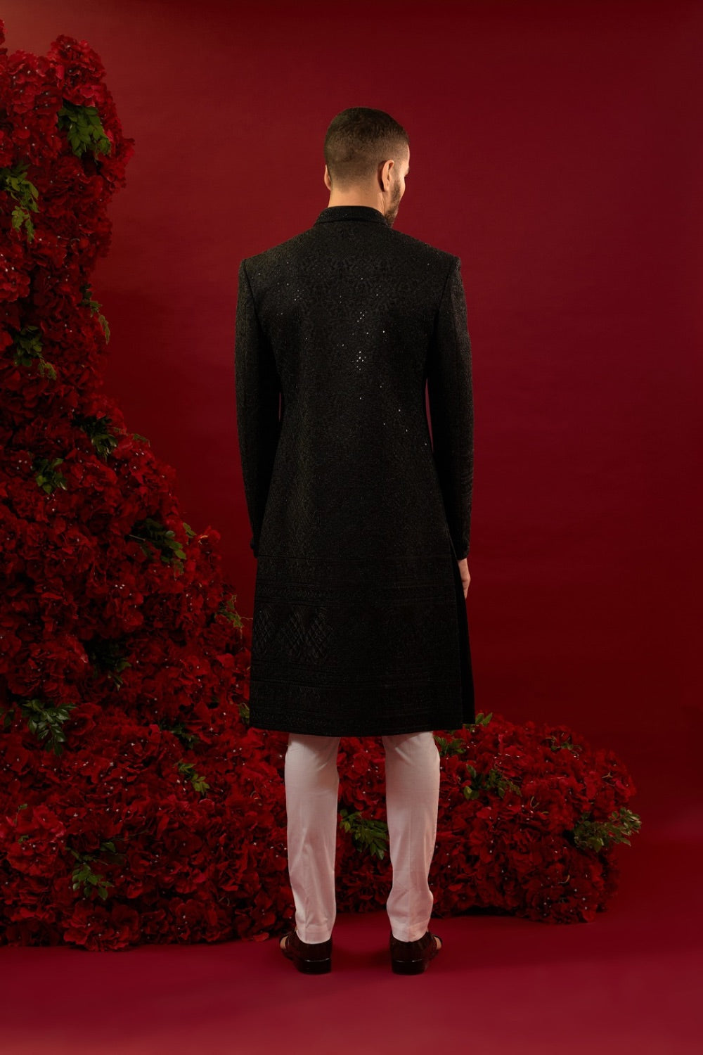 Black silk sherwani  with machine work