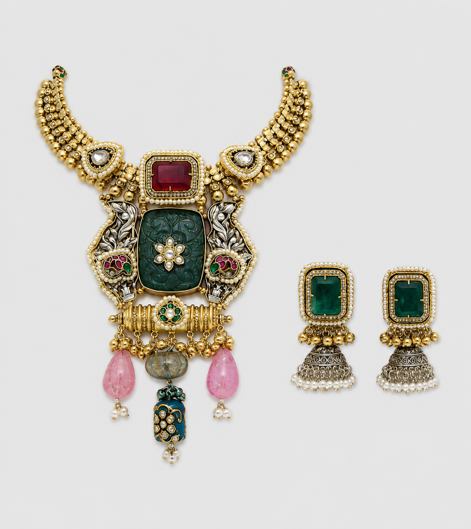 Green Carved Stone Statement Necklace Set with Designer Earring