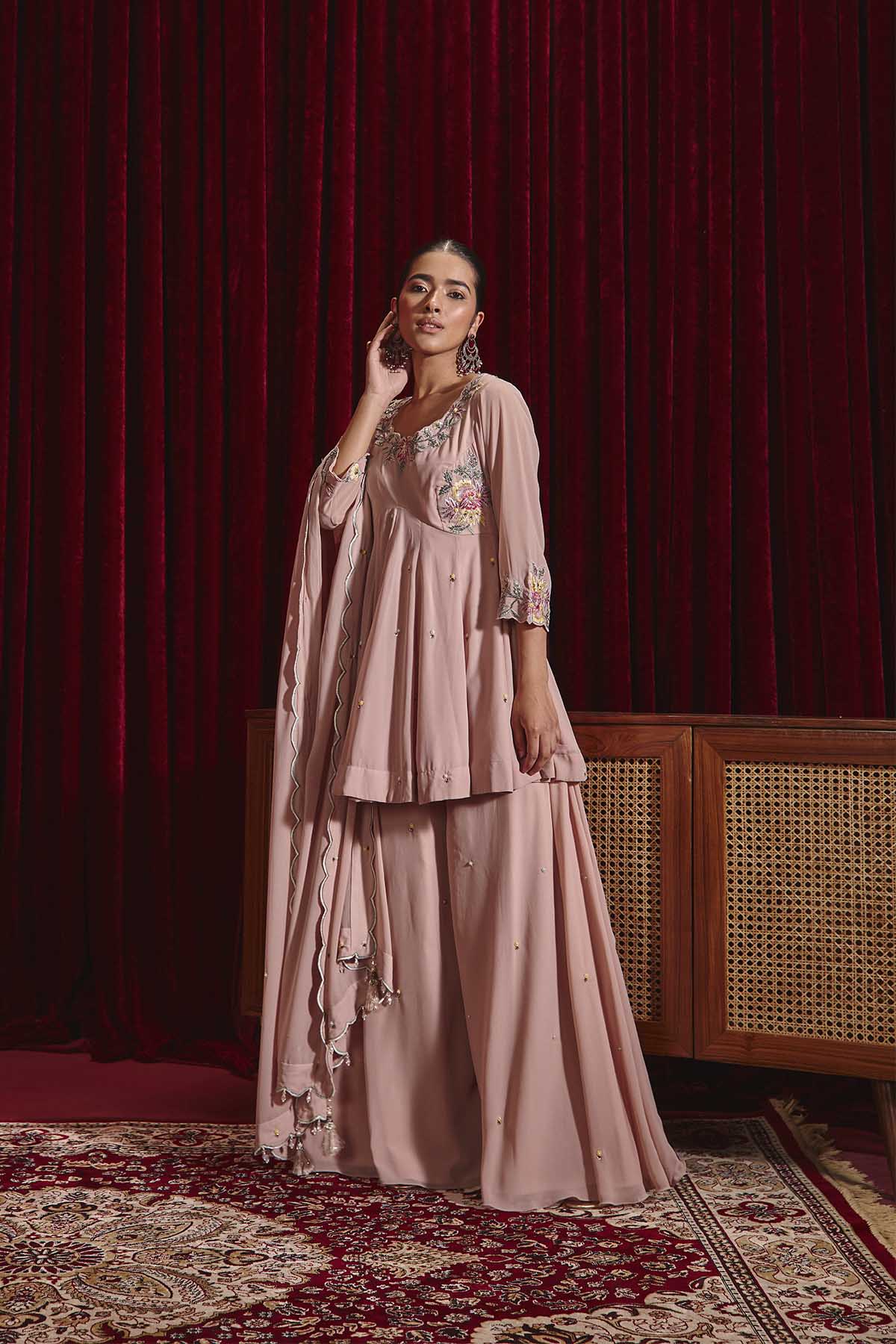 Old Rose Dupion Silk Peplum Kurta with Sharara & Organza Dupatta