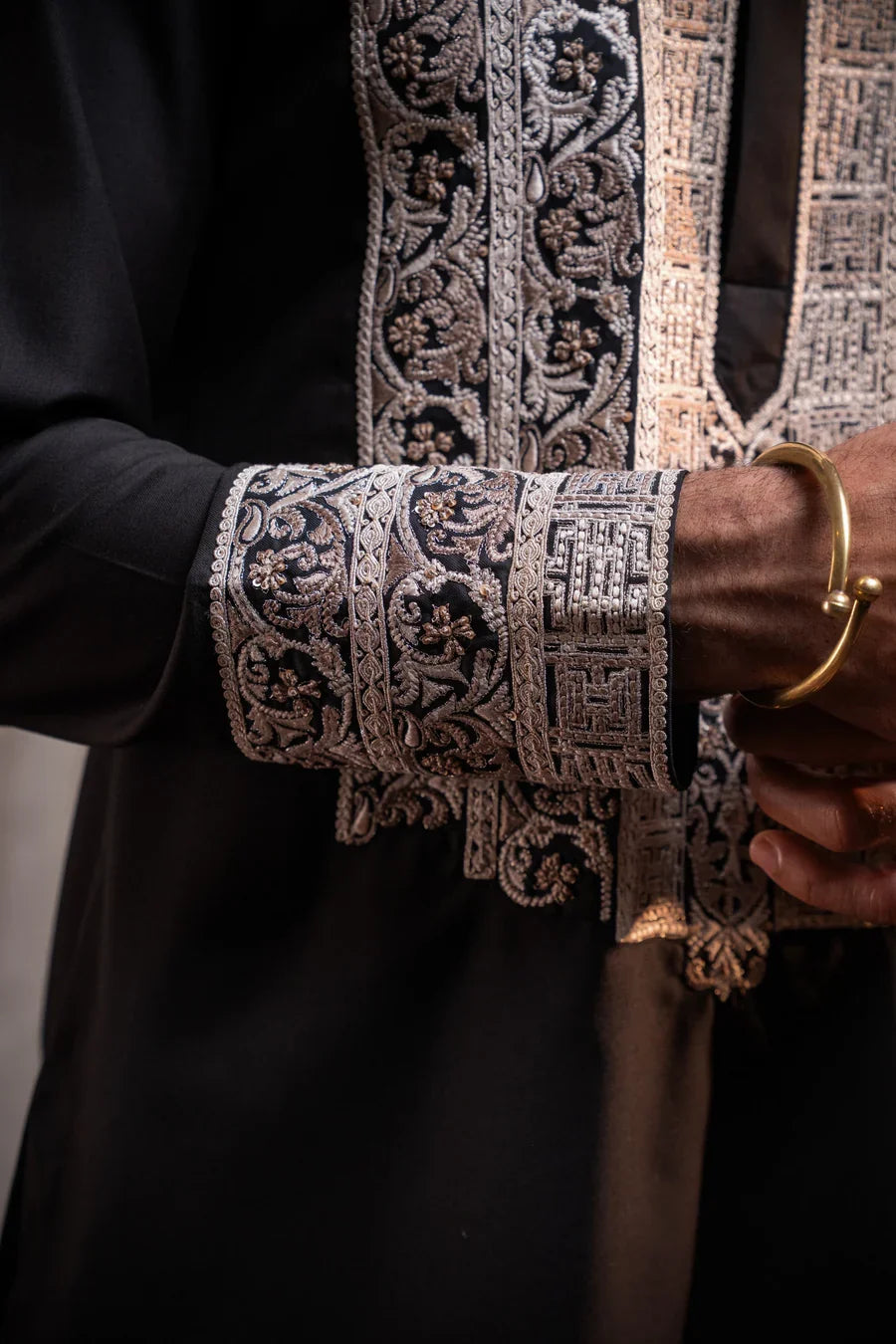 Black Embroidered Kurta in Satin Silk