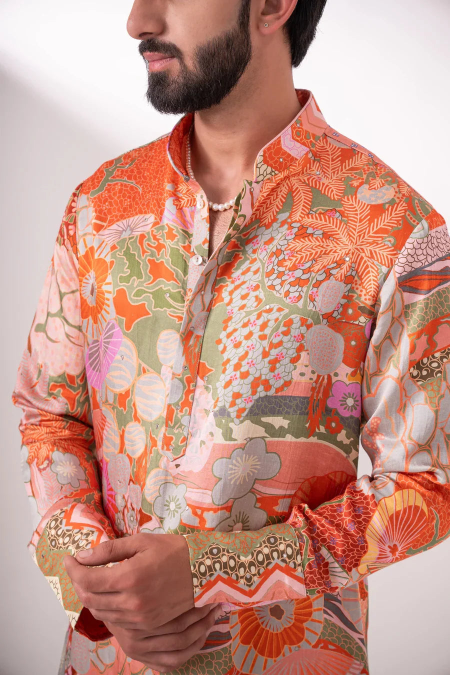 Multi-Color Printed Linen Silk Kurta