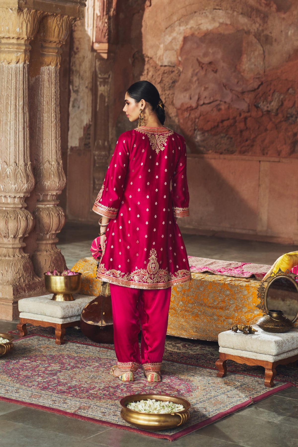 Hot Pink Banarasi Silk Kurta Salwar Set with Organza Dupatta