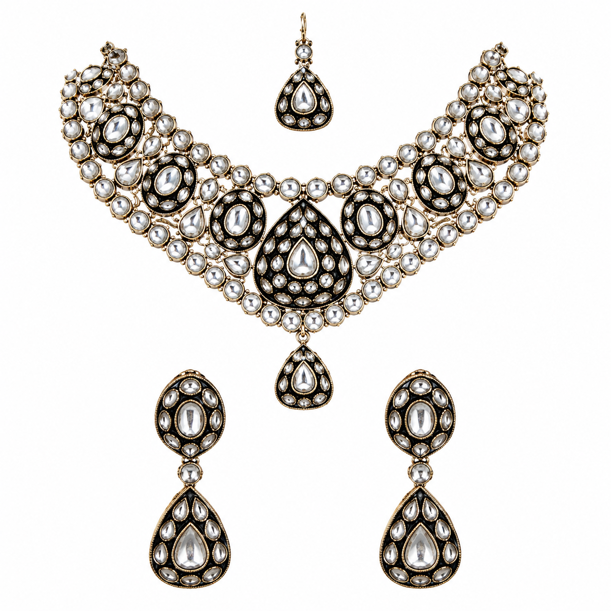 Gold Plated Kundan Polki Necklace Set with Maang Tikka and Earrings