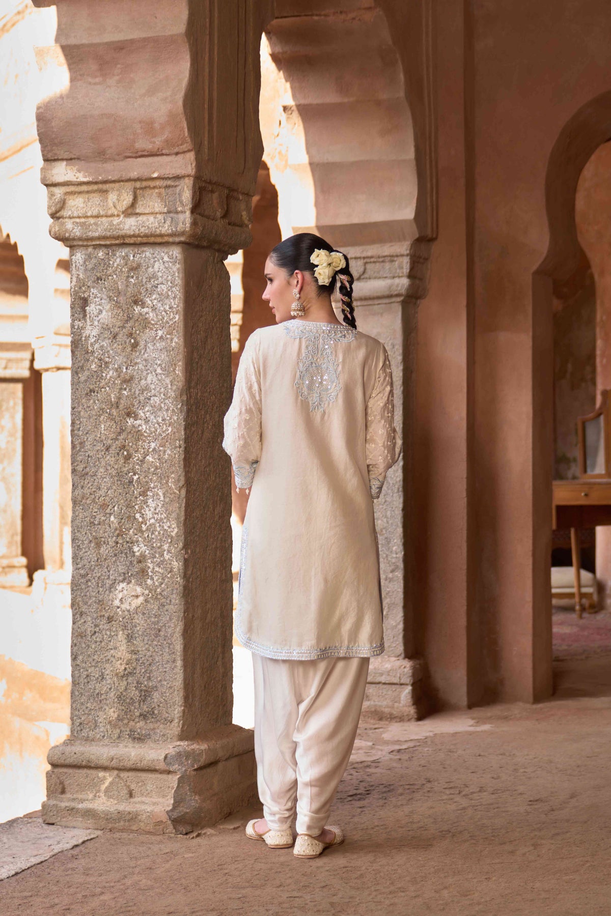 Ruhi Daisy Ivory and Blue Silk Chanderi Kurta Dhoti Set