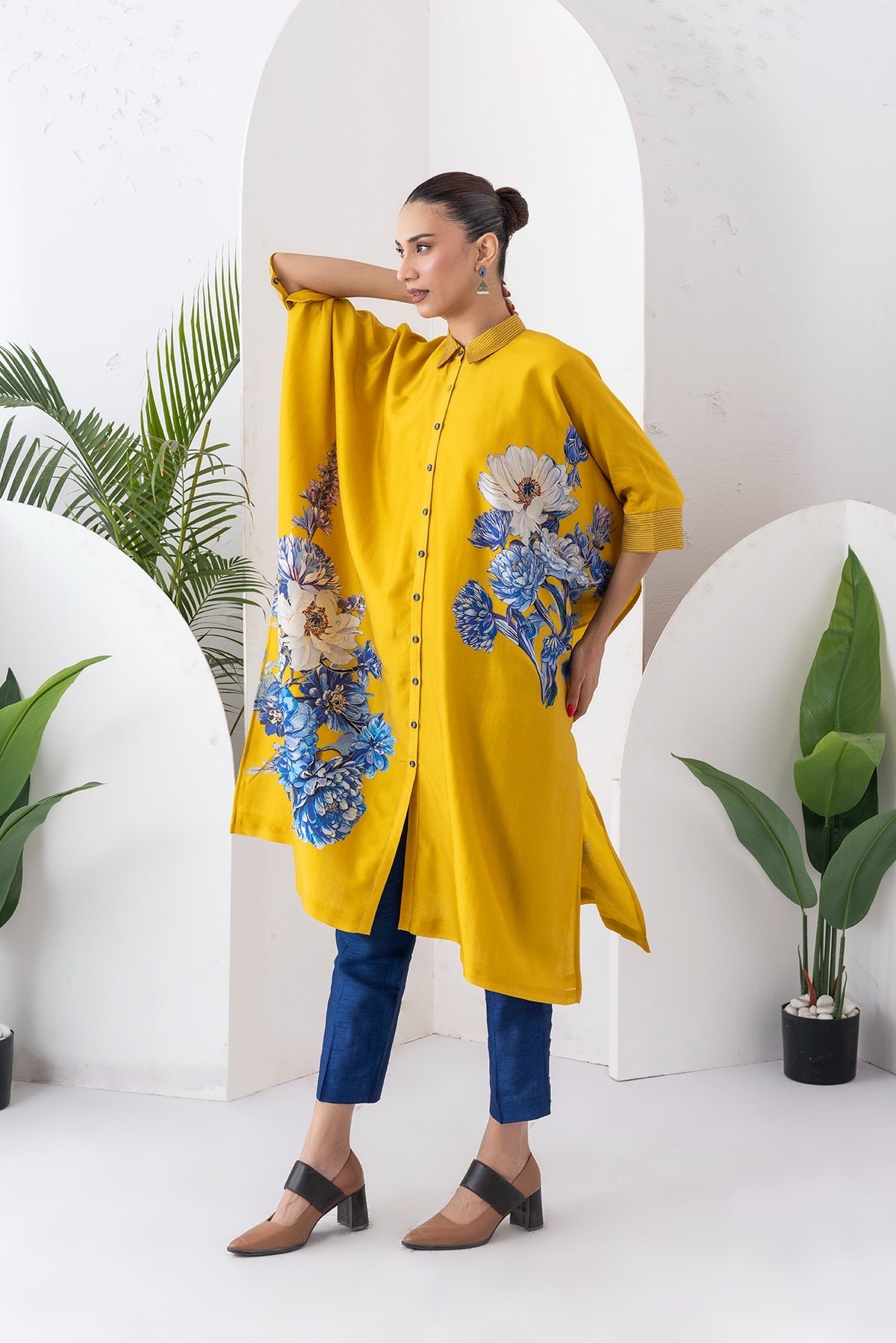 Yellow Silk Chanderi Front Open Kaftan Style Printed Dress Set (3 PCS)