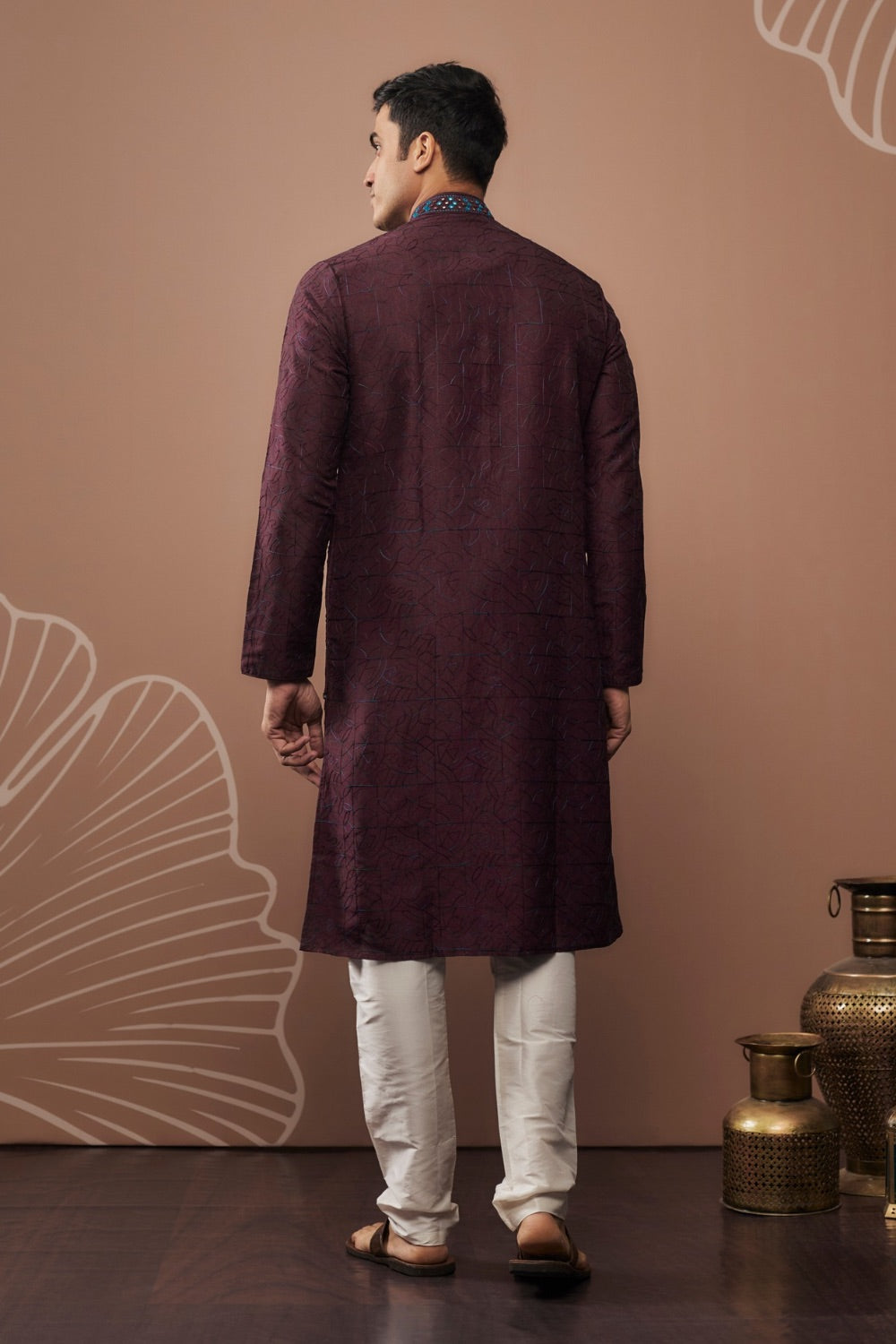 Wine silk kurta set with and hand and machine work