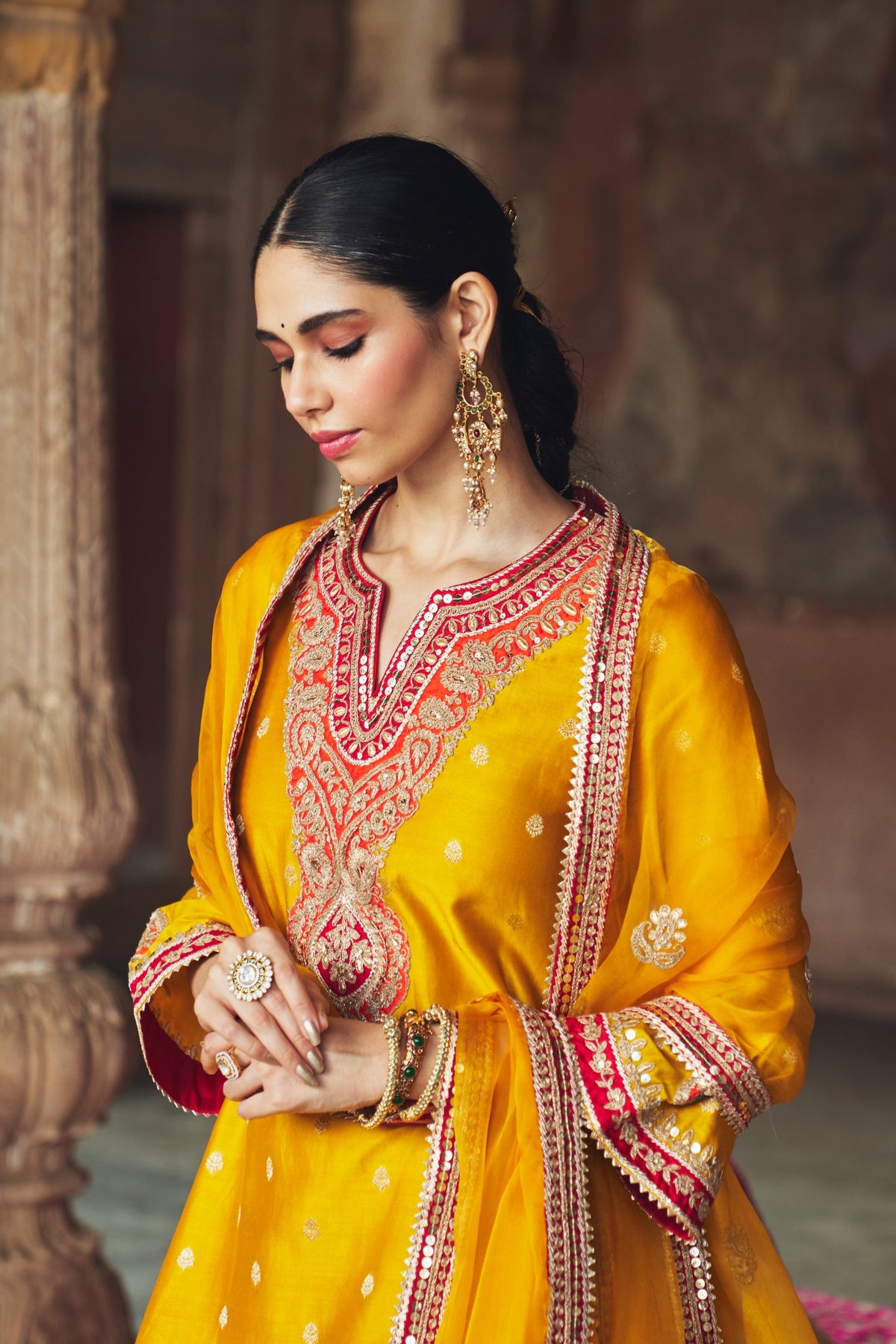 Mustard Silk Chanderi Banarasi Chauga Kurta with Dogri Salwar Set