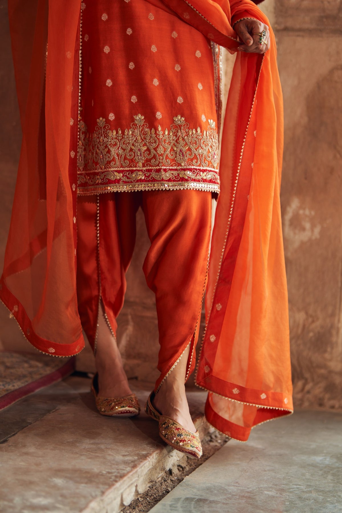 Burnt Orange Chanderi Silk Short Kurta with Dhoti Salwar Set