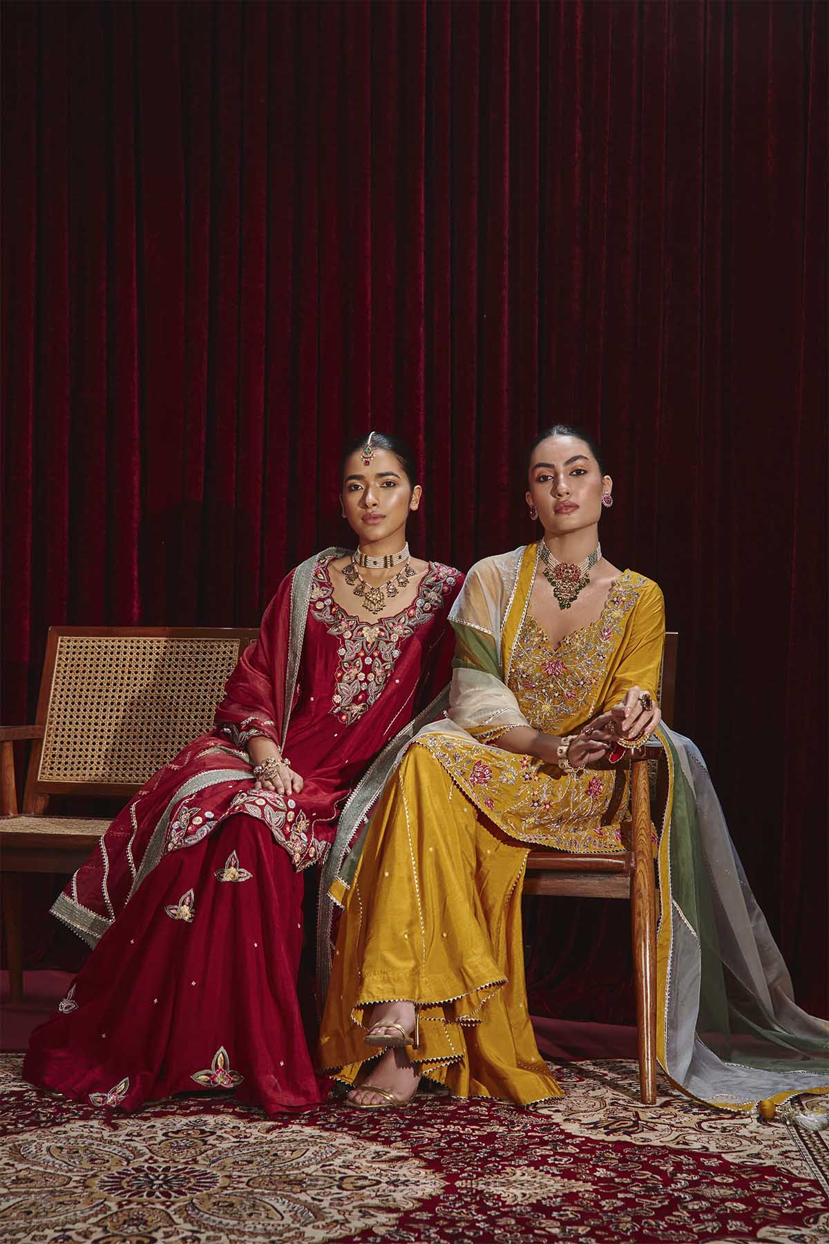 Shagun Wine Embroidered Dupion Silk A-Line Kurta and Sharara Set