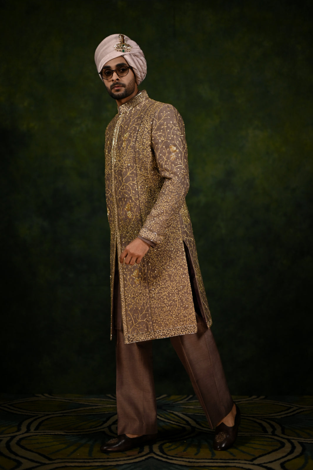 mouse tilla work sherwani set ((forest)