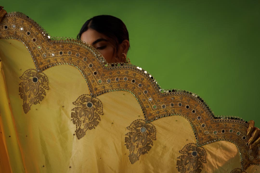 Beige tissue anarkali with yellow dupatta