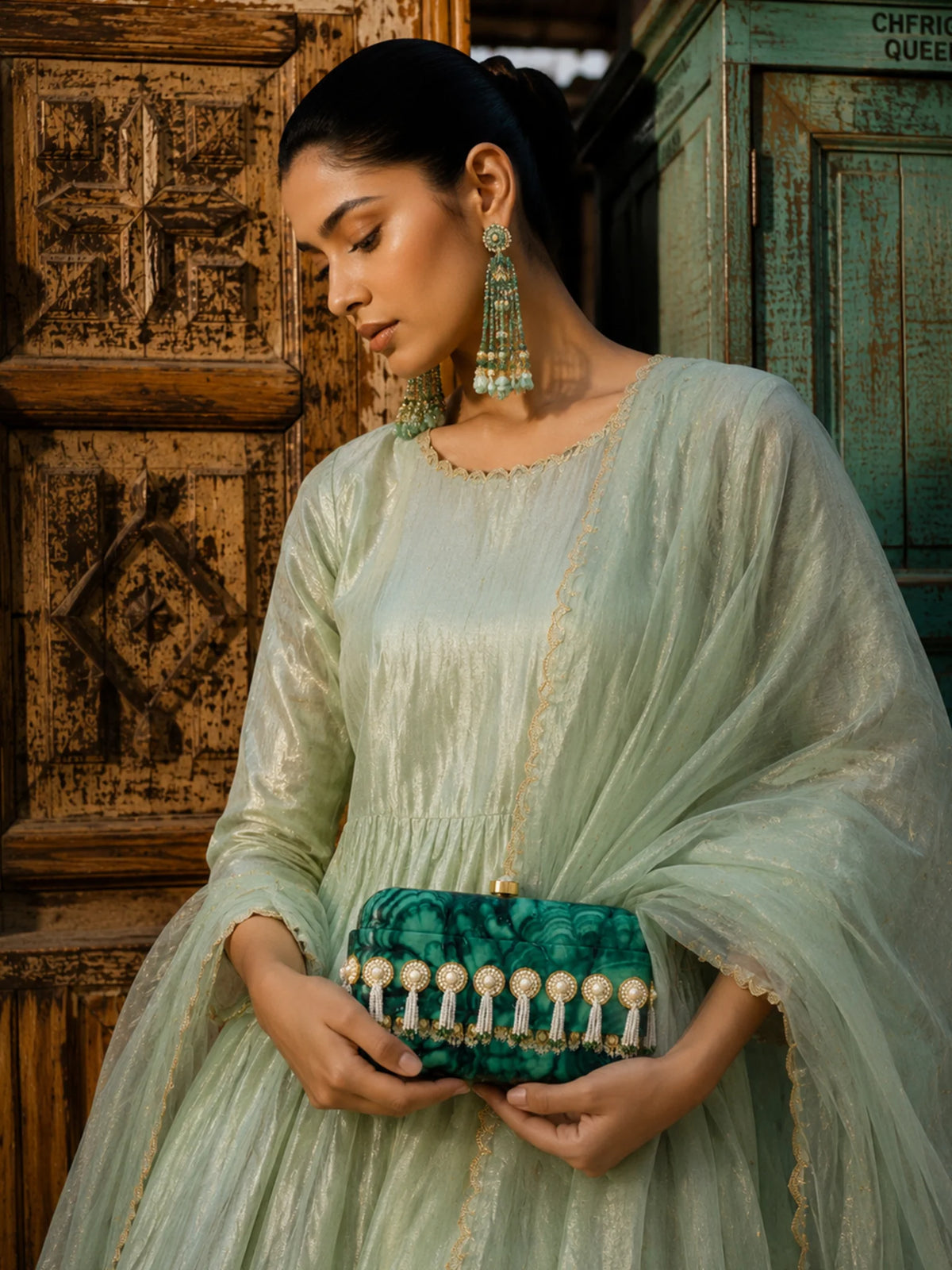 Green Jade Print Clutch Bag with Pearl Tassel Embellishment