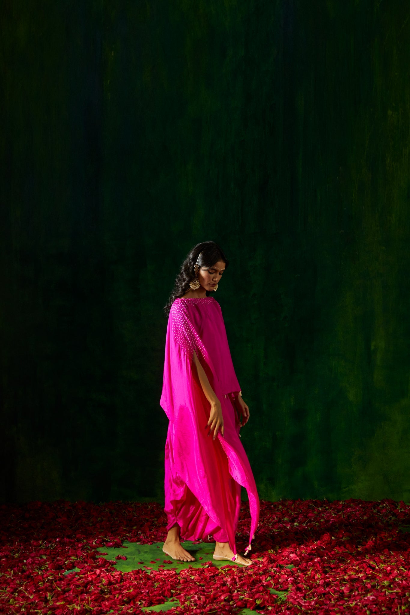 Bandhni asymmetrical cape with drape skirt