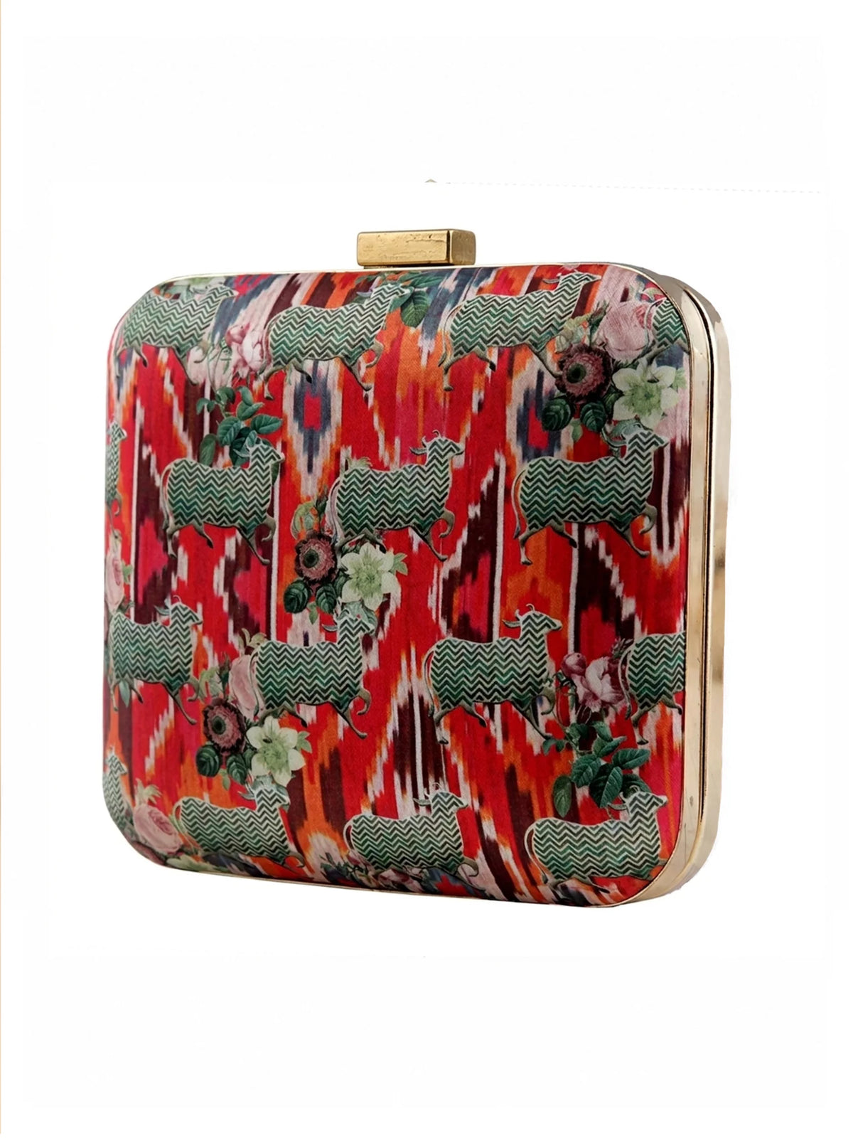 Ikat & Pichwai Cow Print Clutch Bag with Floral Artwork