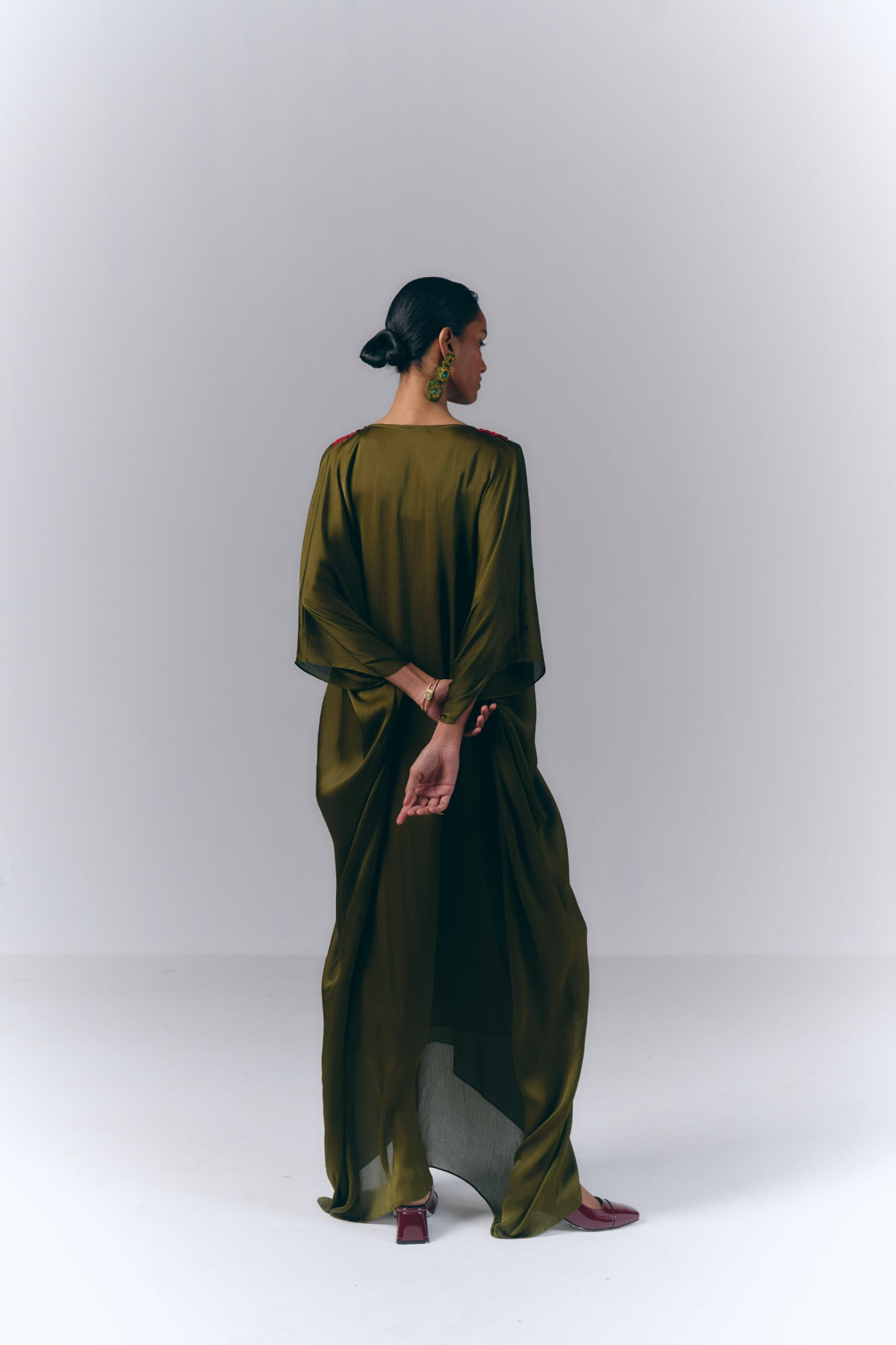 Green Embroidered Draped Kaftan
