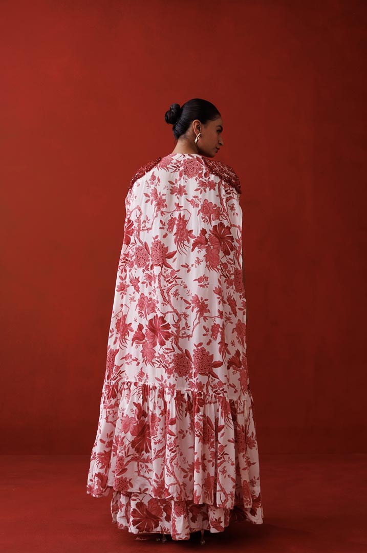white & red printed shrug set