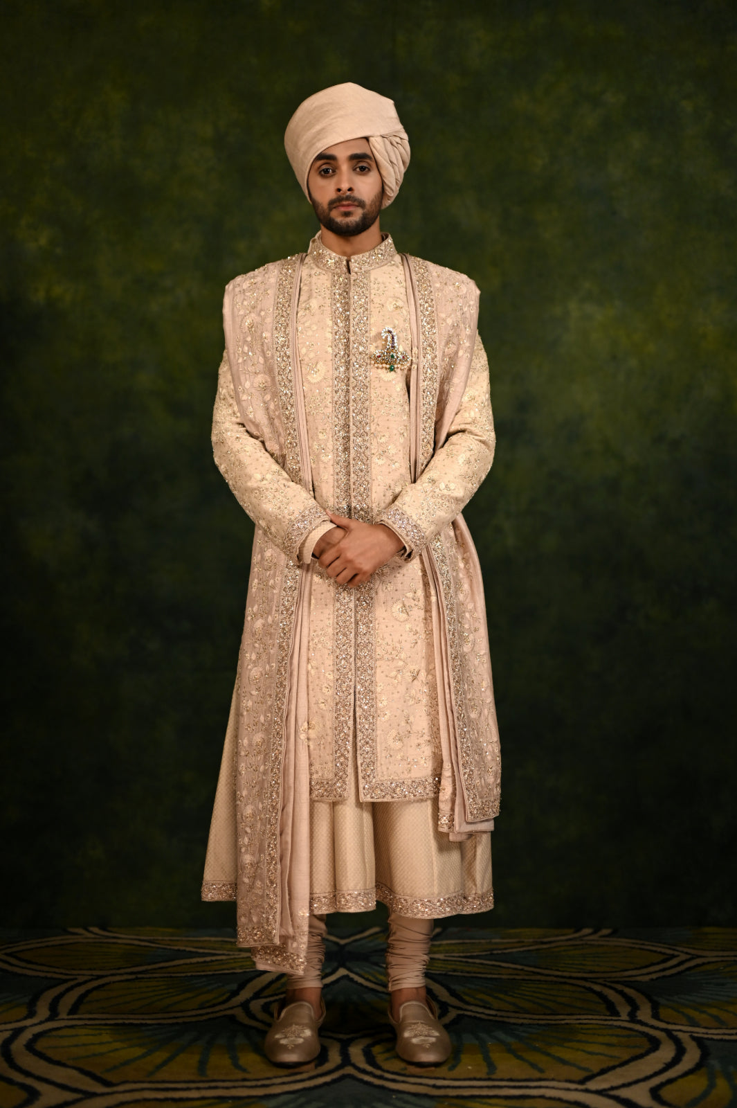 mushroom dabka and threadwork sherwani set