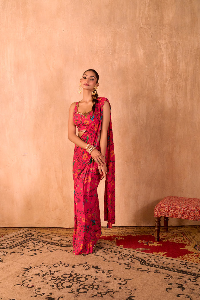PINK PRINT EMBROIDERED CHOLI WITH PRE-DRAPED SARI SET - image 3