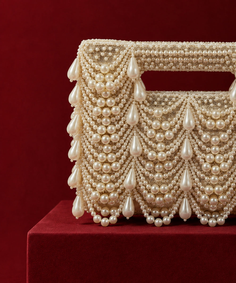 Farah Gold Georgette Pearl Embellished Clutch