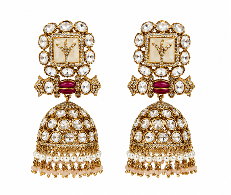 Polki Jhumka Earring with Pearl Fringe